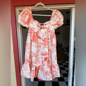 Urban Outfitters Wonderland Puff Sleeve Babydoll Dress in Orange and White